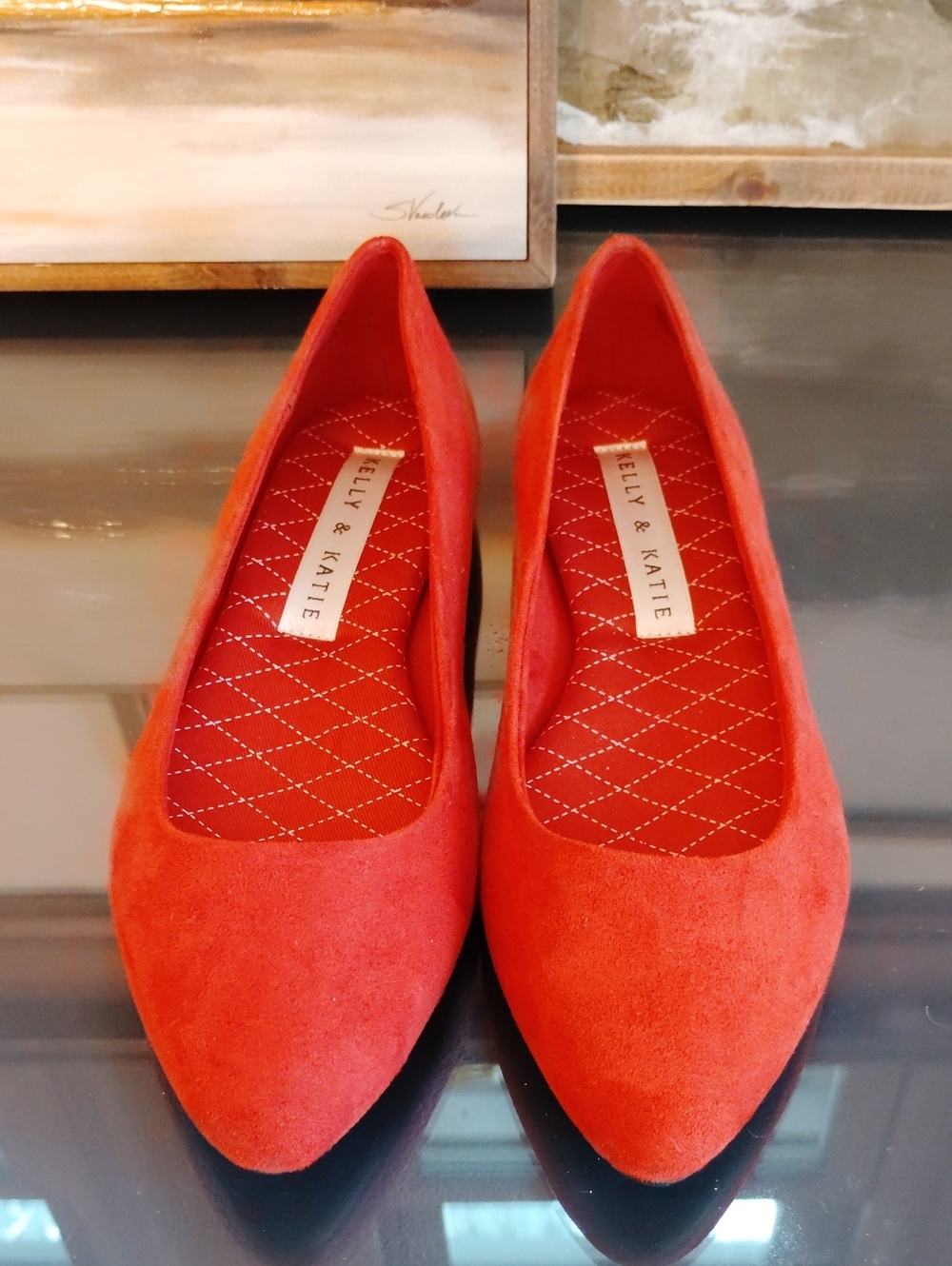 Kelly & Katie Coral-Red Suede Pointed Toe Flats